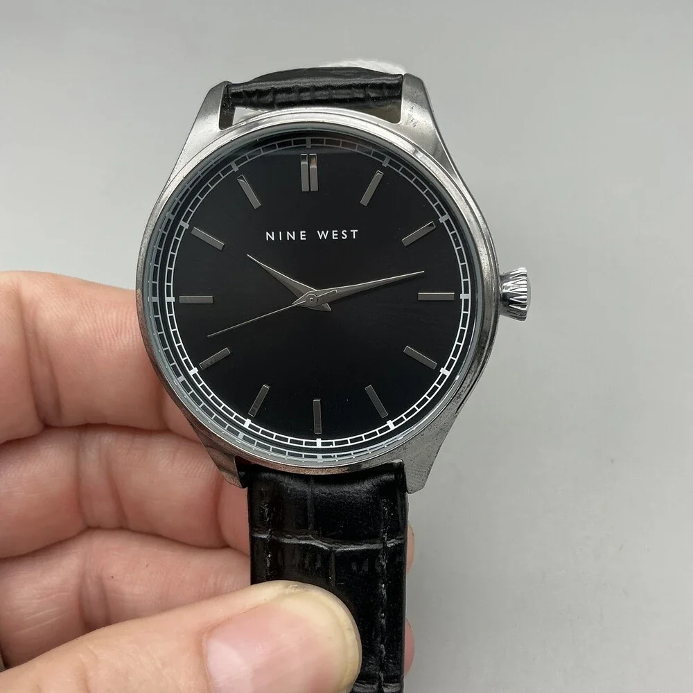 Nine West Womens Watch 42mm Silver Tone Black Dial Black Leather NWW2201W